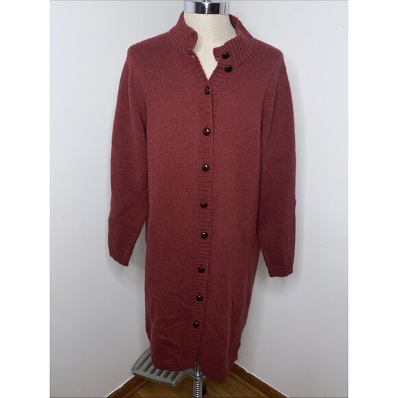 Orvis River Road Long Cardigan Sweater Sz XL Duster Shetland Wool Knit Maroon - Picture 1 of 7